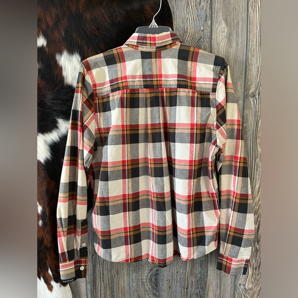 Rockies size medium red orange tan and black plaid button down western shirt - Picture 2 of 6